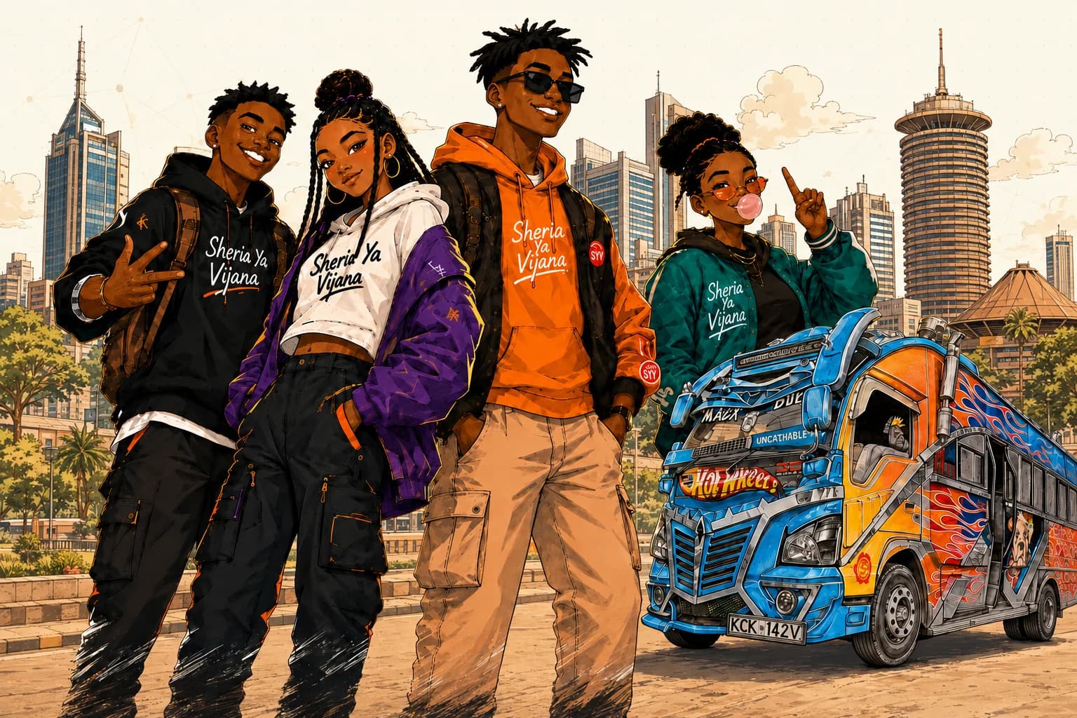 Sheria Ya Vijana crew in front of the Nairobi skyline beside a decorated matatu